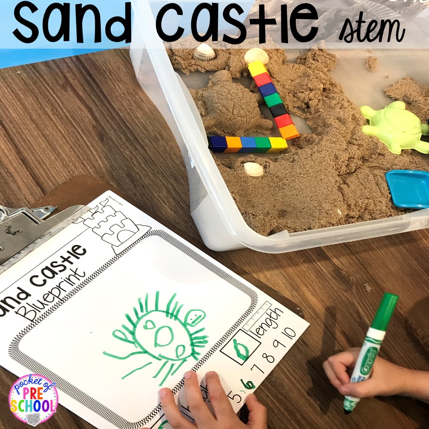 Sand Castle STEM. Set up a Beach in the dramatic play or pretend center and embed a ton of math, literacy, and STEM into their play! #dramaticplay #pretendplay #preschool #prek #beachtheme #oceantheme
