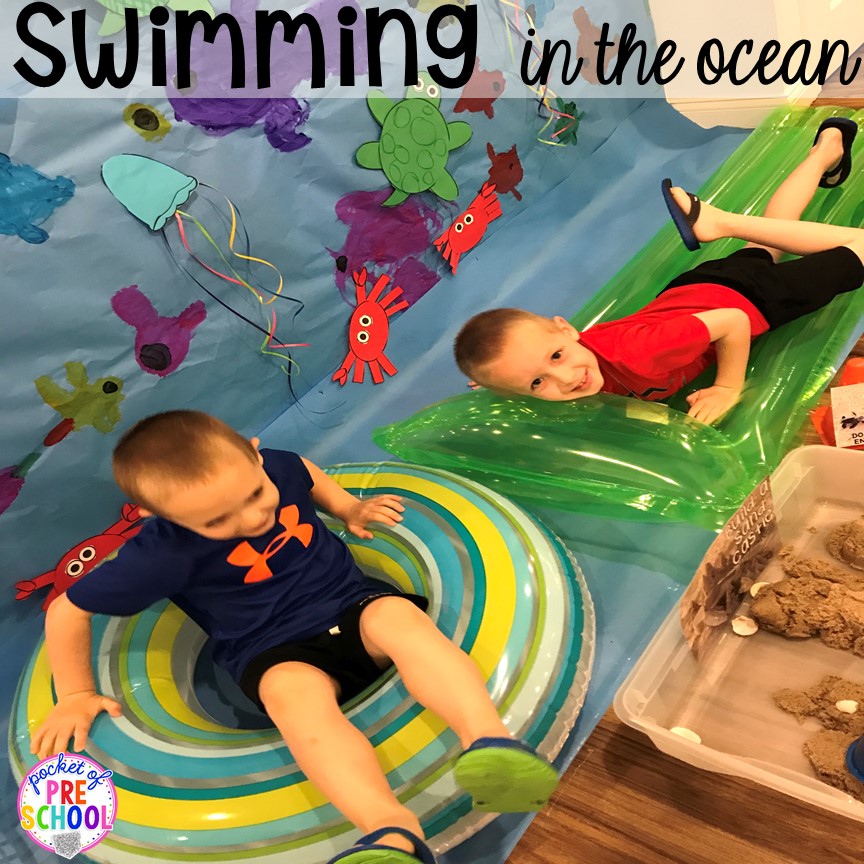 Pretend to swim at the beach. Set up a Beach in the dramatic play or pretend center and embed a ton of math, literacy, and STEM into their play! #dramaticplay #pretendplay #preschool #prek #beachtheme #oceantheme