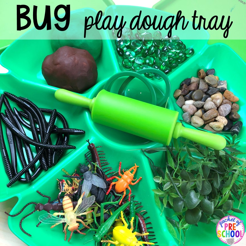 Bug play dough tray! Bug themed activities and centers for preschool, and kindergarten (freebies too)! Perfect for spring, summer, or fall! #bugtheme #insecttheme #preschool #prek #kindergarten