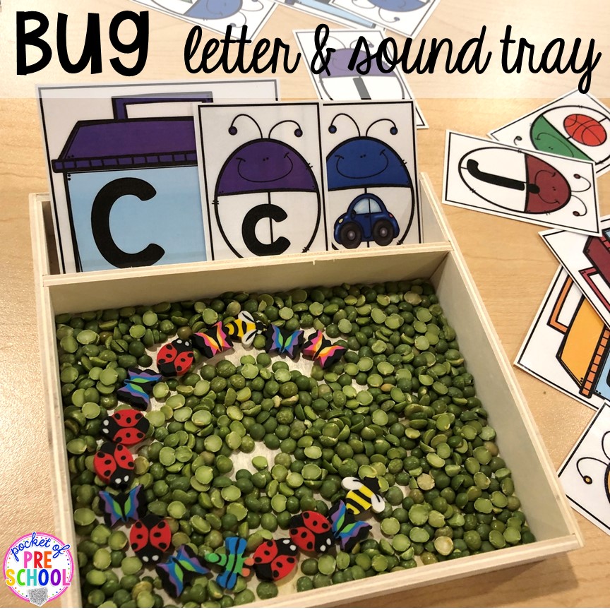 Bug letter and sound writing tray! Bug themed activities and centers for preschool, and kindergarten (freebies too)! Perfect for spring, summer, or fall! #bugtheme #insecttheme #preschool #prek #kindergarten