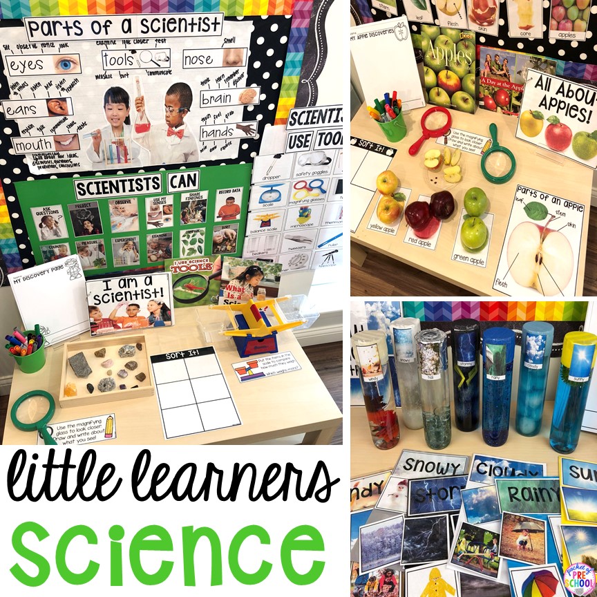 Tons of ideas for the science center and science table in a preschool, pre-k, and kindergarten classroom. #preschoolscience #sciencecenter #prekscience #kindergartenscience 