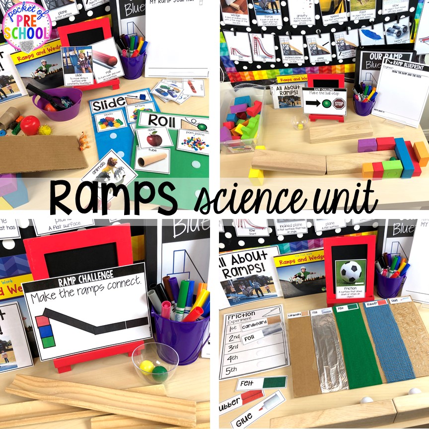 Ramps, force and motion science unit for preschool, pre-k, and kindergarten #preschoolscience #sciencecenter #prekscience #kindergartenscience
