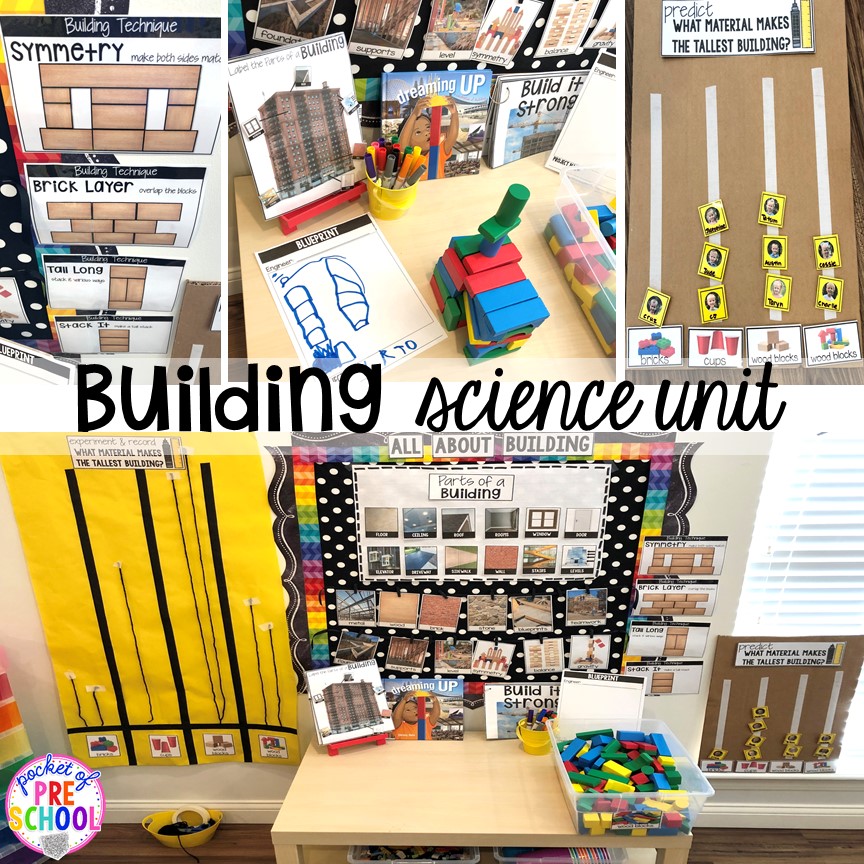 Building science unit for preschool, pre-k, and kindergarten #preschoolscience #sciencecenter #prekscience #kindergartenscience