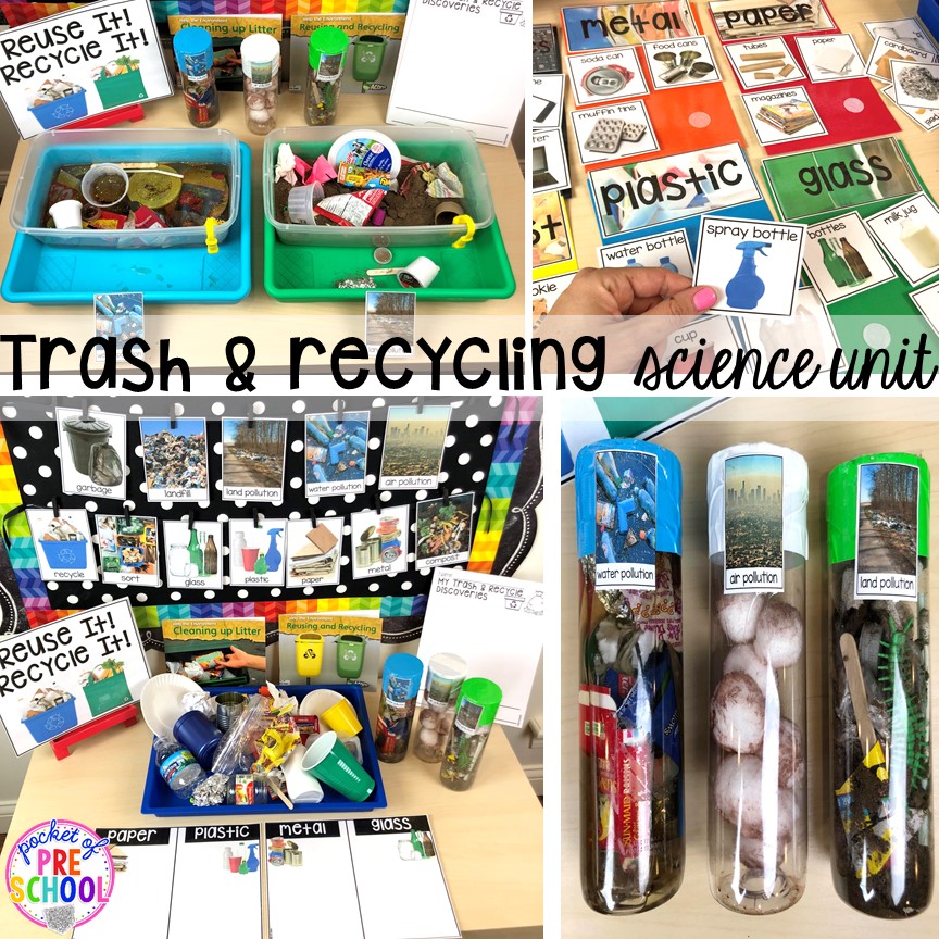 Trash, recycling, or Earth Day science unit for preschool, pre-k, and kindergarten #preschoolscience #sciencecenter #prekscience #kindergartenscience