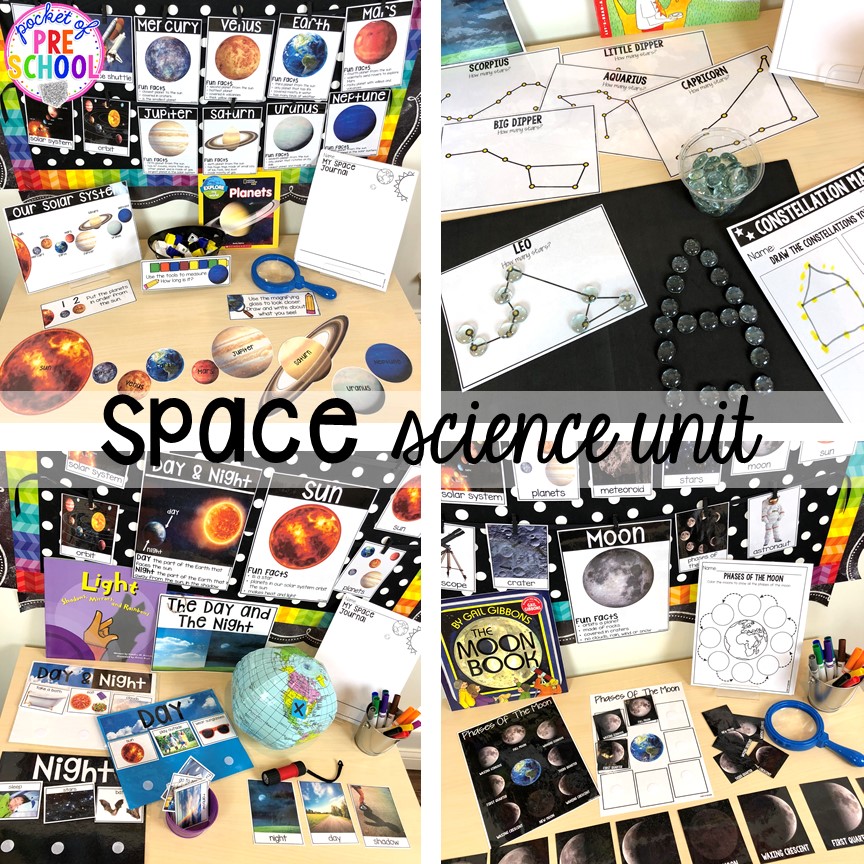 Space science unit for preschool, pre-k, and kindergarten #preschoolscience #sciencecenter #prekscience #kindergartenscience
