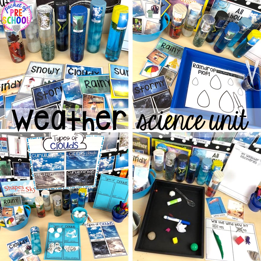 Science table for a weather theme! Tons of ideas for the science center and science table in a preschool, pre-k, and kindergarten classroom. #preschoolscience #sciencecenter #prekscience #kindergartenscience