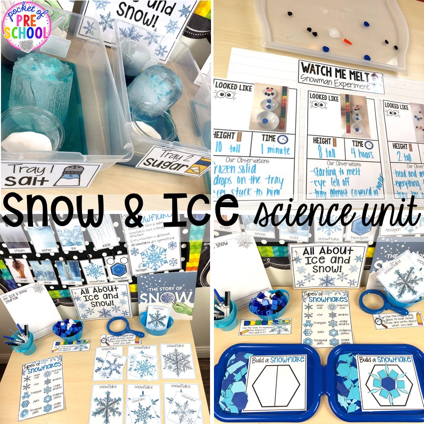 Snow and ice science unit for preschool, pre-k, and kindergarten #preschoolscience #sciencecenter #prekscience #kindergartenscience