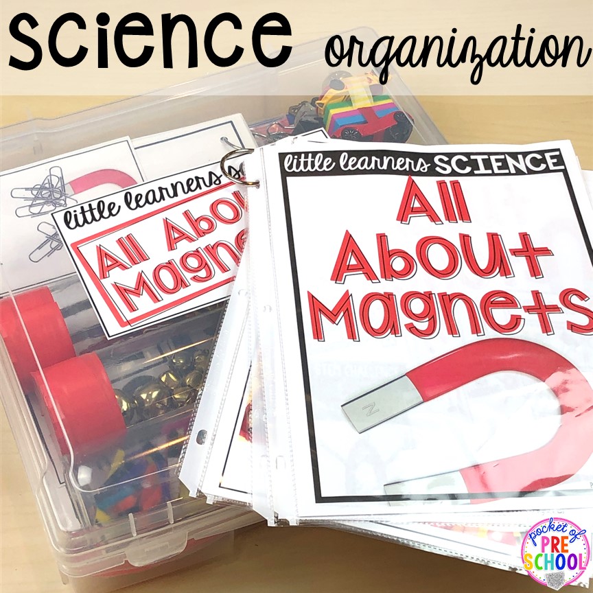 Science unit organization tips and free binder covers. #preschoolscience #sciencecenter #prekscience #kindergartenscience