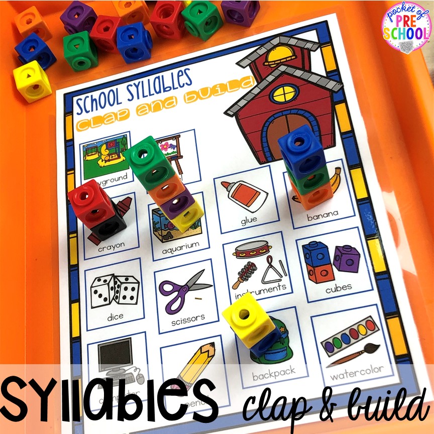 School supplies syllables game. School theme activities and centers (letters, counting, fine motor, sensory, blocks, science)! Preschool, pre-k, and kindergarten will love it. #schooltheme #schoolactivities #preschool #prek #backtoschool #kindergarten