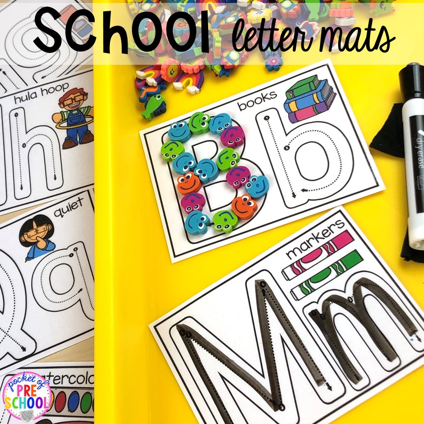 School themed letter mats. School theme activities and centers (letters, counting, fine motor, sensory, blocks, science)! Preschool, pre-k, and kindergarten will love it. #schooltheme #schoolactivities #preschool #prek #backtoschool #kindergarten