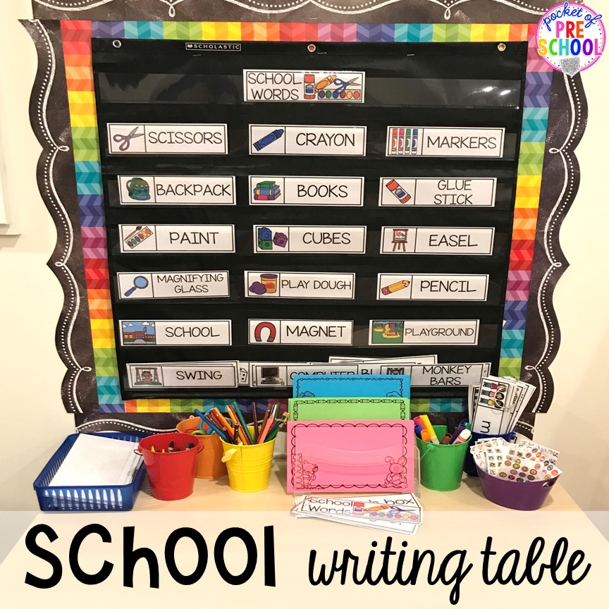 School theme writing table for back to school! Made for preschool, pre-k, and kindergarten. #schooltheme #schoolactivities #preschool #prek #backtoschool #kindergarten