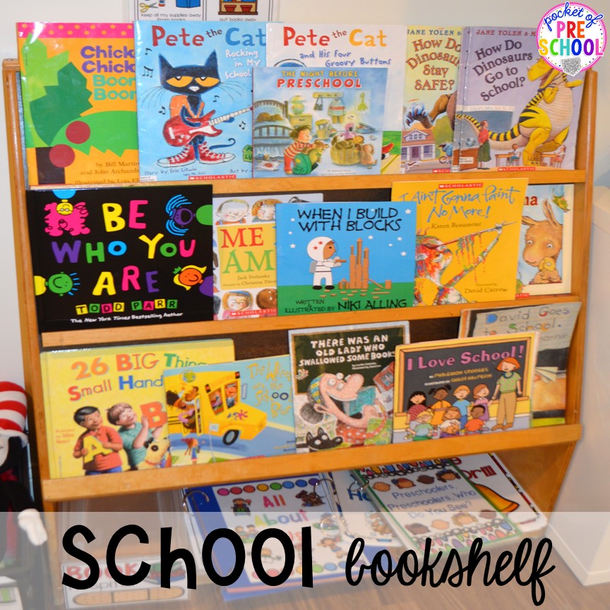 School themed bookshelf for back to school! Made for preschool, pre-k, and kindergarten. #schooltheme #schoolactivities #preschool #prek #backtoschool #kindergarten