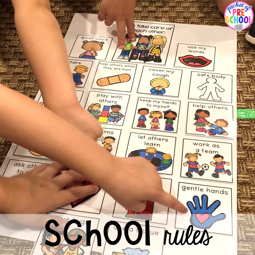 School rules visual chart for back to school! Made for preschool, pre-k, and kindergarten. #schooltheme #schoolactivities #preschool #prek #backtoschool #kindergarten