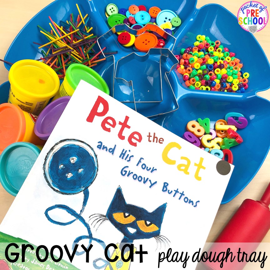 Pete the Cat play dough tray for back to school! Made for preschool, pre-k, and kindergarten. #schooltheme #schoolactivities #preschool #prek #backtoschool #kindergarten