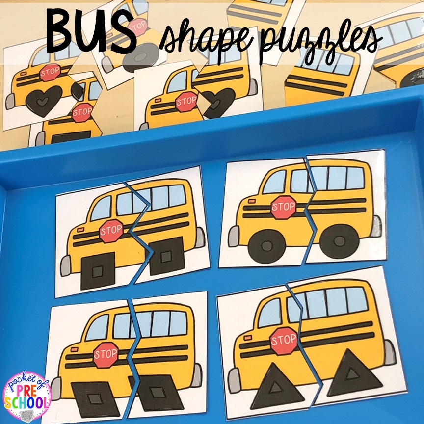Bus shape puzzles for back to school! Made for preschool, pre-k, and kindergarten. #schooltheme #schoolactivities #preschool #prek #backtoschool #kindergarten