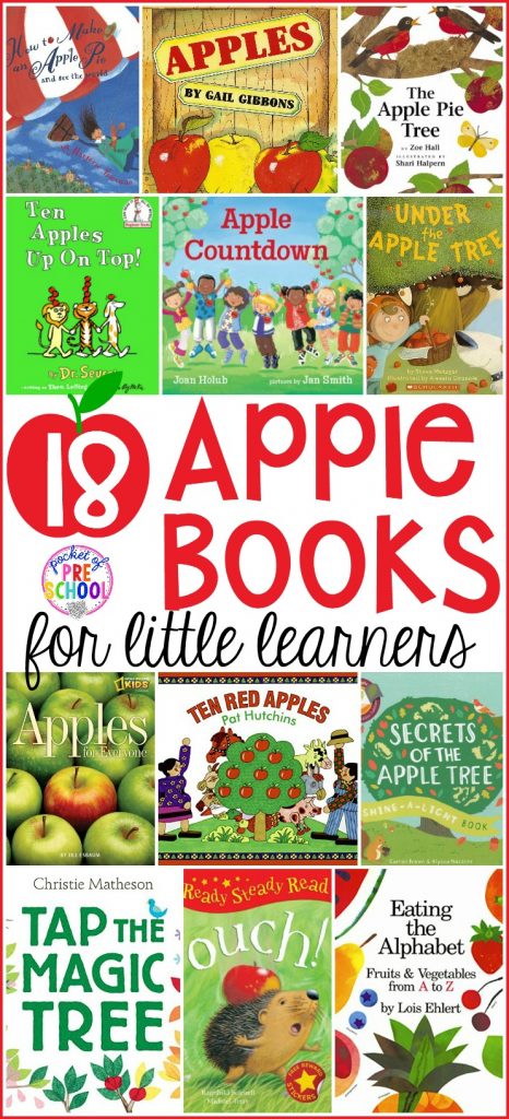 Giant apple book list perfect for preschool, pre-k, and kindergarten classrooms! Fun for a fall theme or apple theme. #appletheme #applebooklist #preschool #prek # kindergarten 