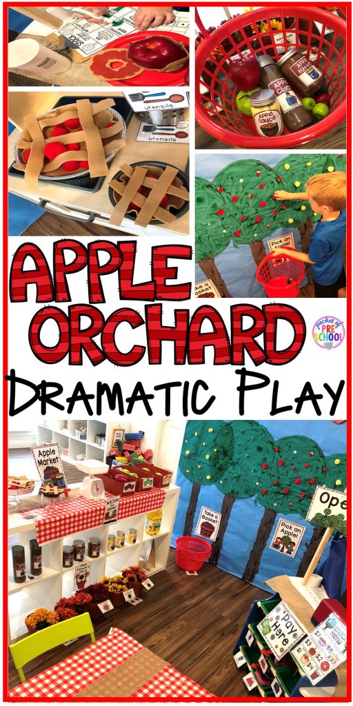 Apple Orchard Dramatic Play - How to change pretend into an Apple Orchard. Lot of DIY tips for preschool, pre-k, and kindergarten classrooms. #appleorchard #dramaticplay #pretendplay #preshool #prek #fall