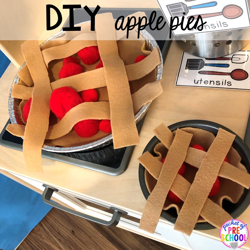 DIY Apple Pies - How to change pretend into an Apple Orchard for preschool, pre-k, and kindergarten. #appleorchard #dramaticplay #pretendplay #preshool #prek #fall