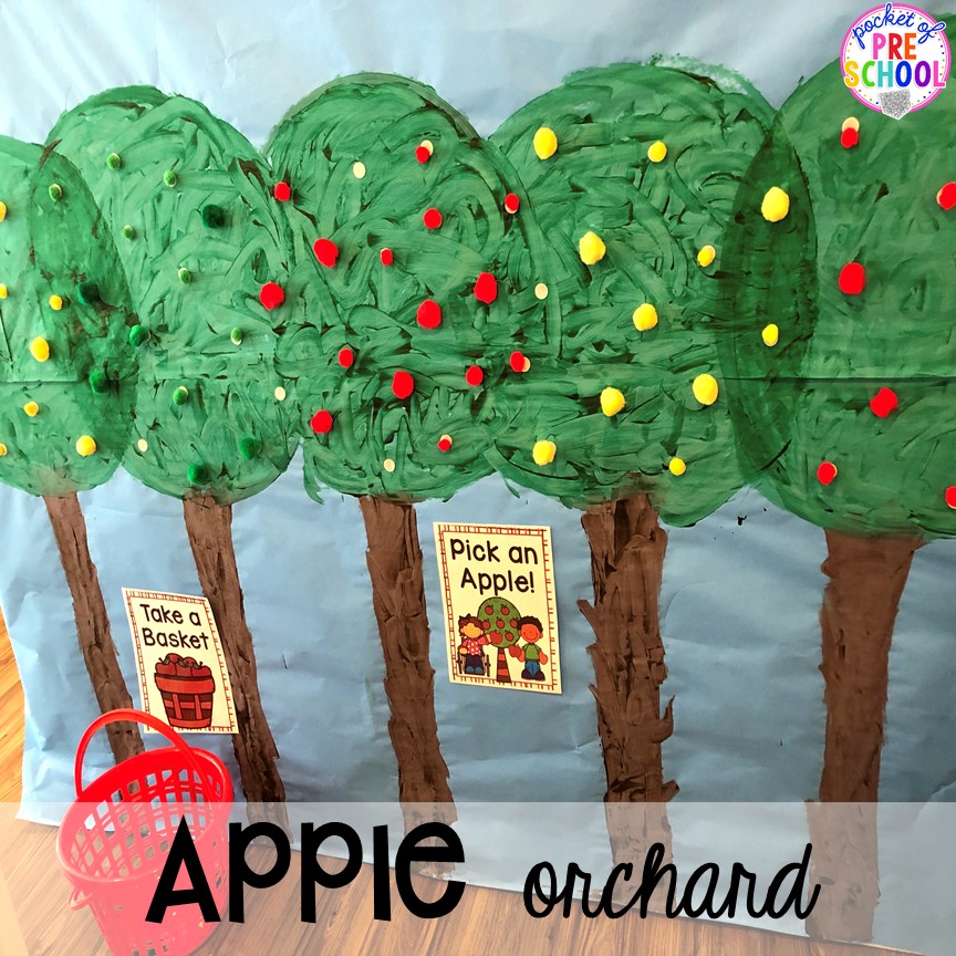 DIY Apple Orchard - How to change pretend into an Apple Orchard for preschool, pre-k, and kindergarten. #appleorchard #dramaticplay #pretendplay #preshool #prek #fall
