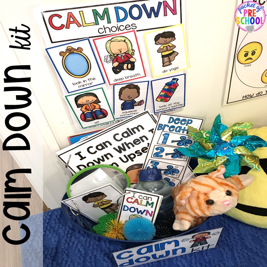 Calm Down Kit - how to set it up and implement it in your preschool, pre-k, and kindergarten classroom. #safeplace #socialskills #cozycorner #calmdownkit #preschool #prek #kindergarten