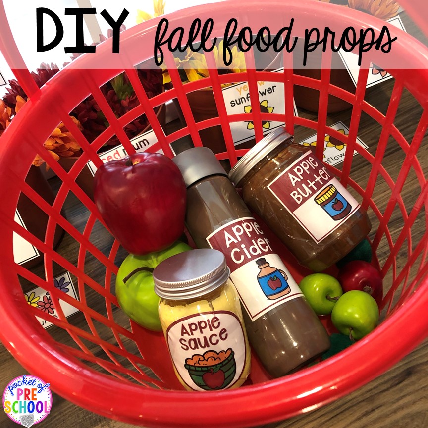 DIY Apple Food Props - How to change pretend into an Apple Orchard for preschool, pre-k, and kindergarten. #appleorchard #dramaticplay #pretendplay #preshool #prek #fall