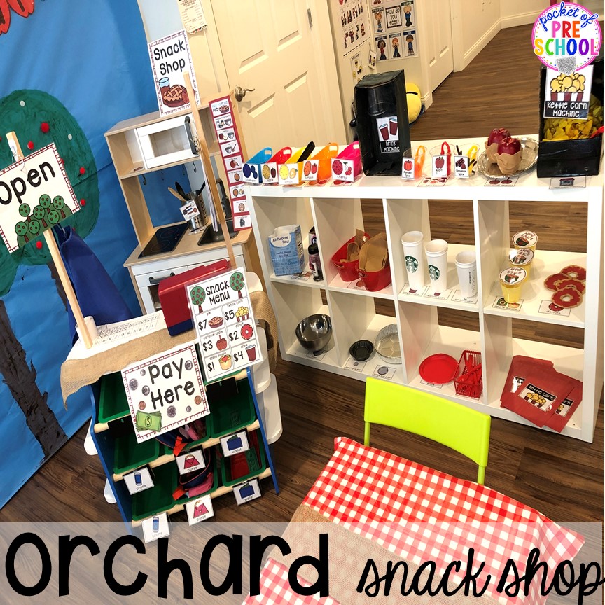 DIY Apple Orchard Snack Shop - How to change pretend into an Apple Orchard for preschool, pre-k, and kindergarten. #appleorchard #dramaticplay #pretendplay #preshool #prek #fall