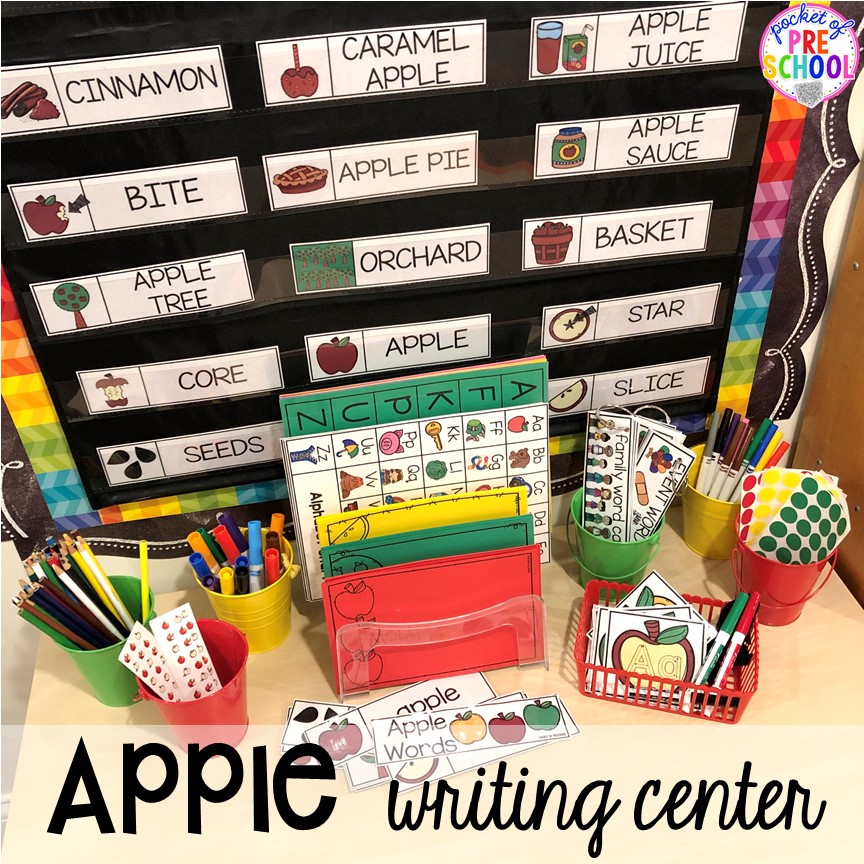 Apple writing center plus more apple activities and centers perfect for preschool, pre-k, and kindergarten. #appletheme #preschool #prek #appleactivities 