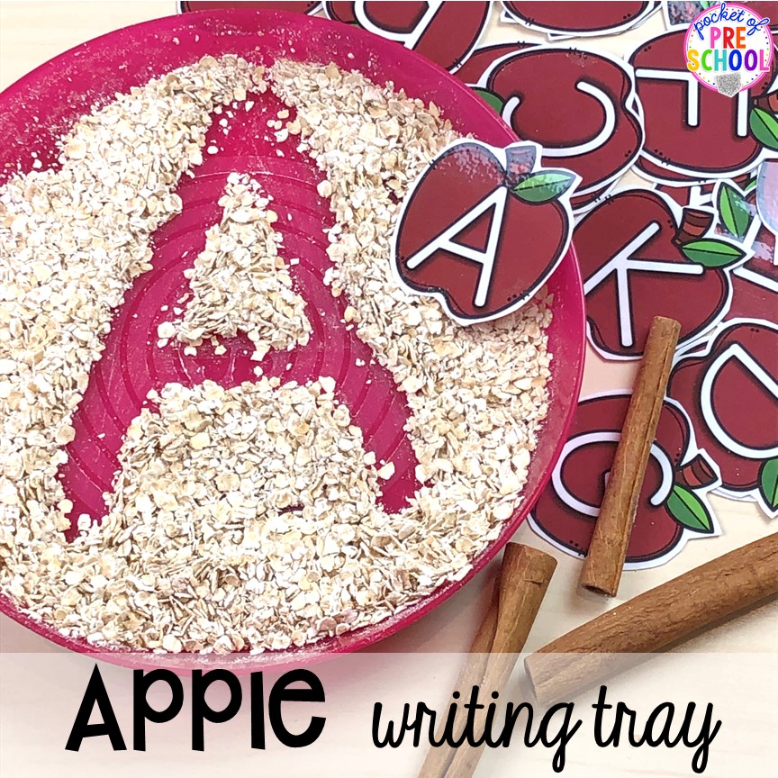 Apple sensory writing tray plus more apple theme activities and centers perfect for preschool, pre-k, and kindergarten. #appletheme #preschool #prek #appleactivities 