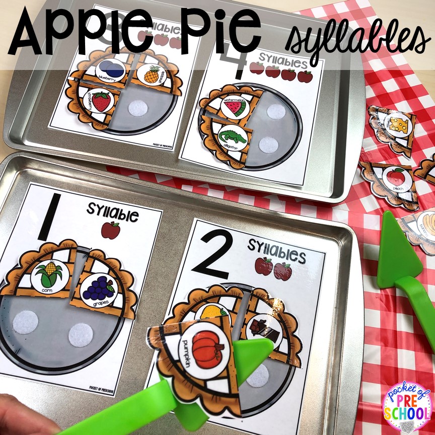 Apple pie syllable count plus more apple theme activities and centers perfect for preschool, pre-k, and kindergarten. #appletheme #preschool #prek #appleactivities
