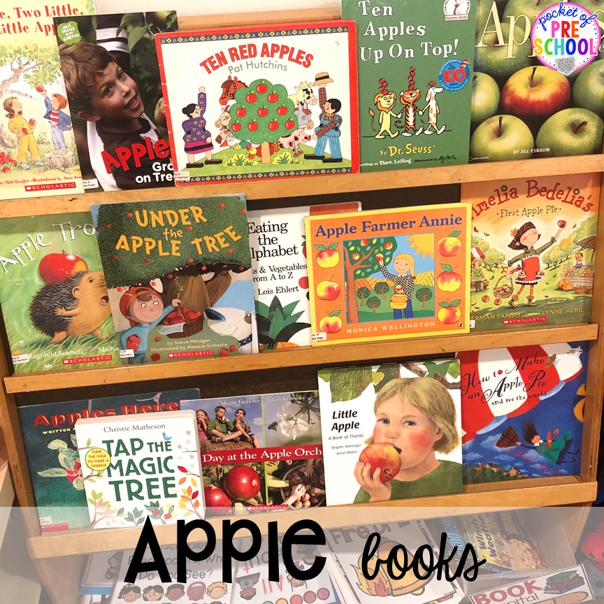 Apple books plus more apple theme activities and centers perfect for preschool, pre-k, and kindergarten. #appletheme #preschool #prek #appleactivities 