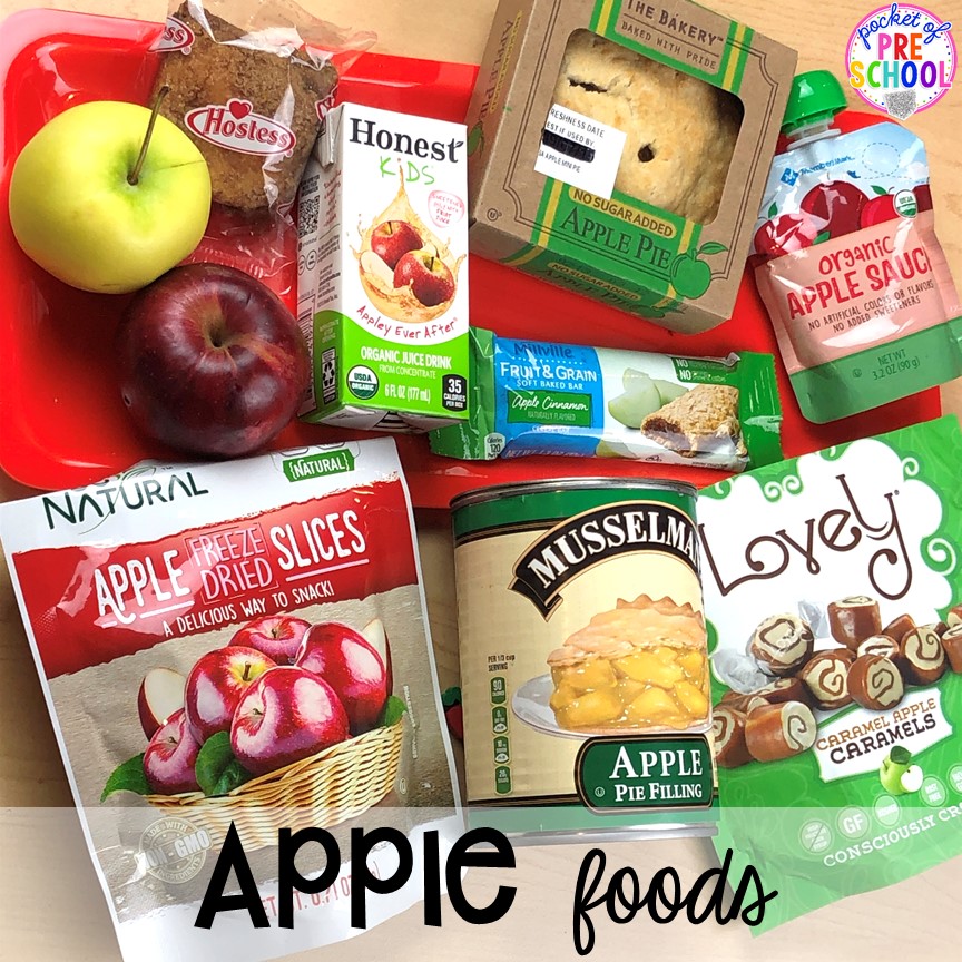 Apple food tasting plus more apple theme activities and centers perfect for preschool, pre-k, and kindergarten. #appletheme #preschool #prek #appleactivities 