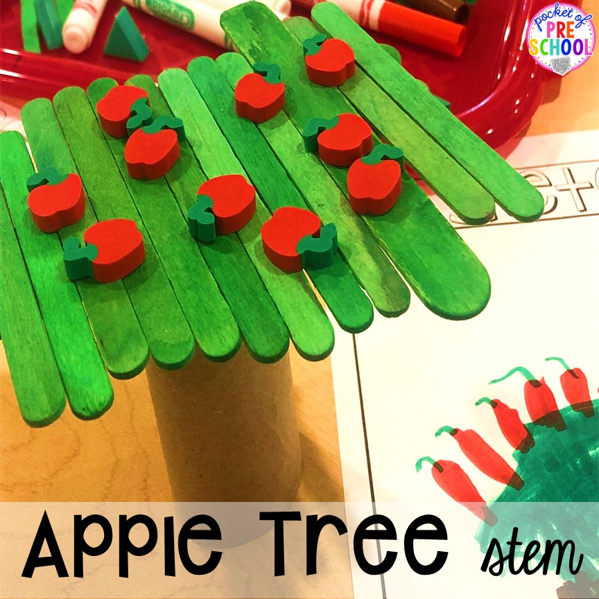 Apple STEM plus more apple theme activities and centers perfect for preschool, pre-k, and kindergarten. #appletheme #preschool #prek #appleactivities 