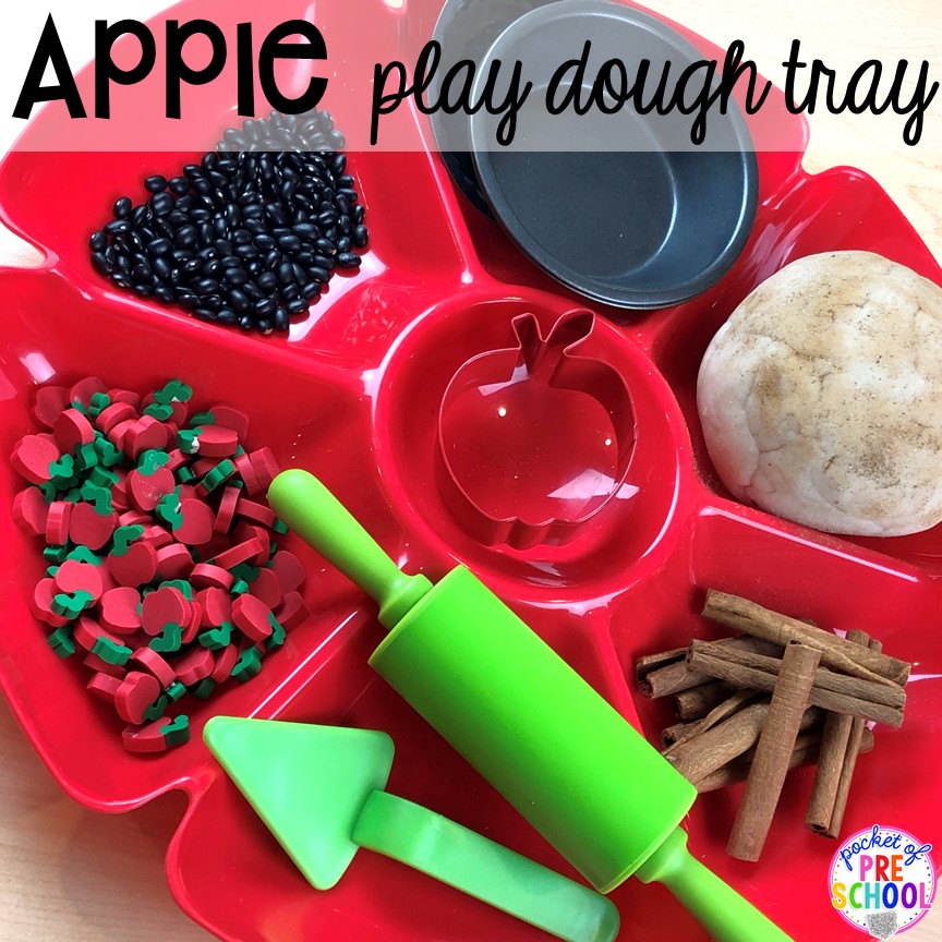 Apple play dough tray plus more apple theme activities and centers perfect for preschool, pre-k, and kindergarten. #appletheme #preschool #prek #appleactivities 