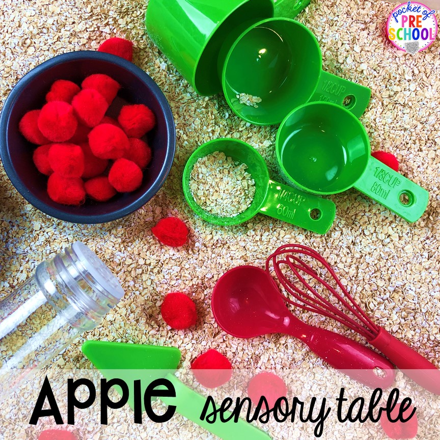 Apple sensory table plus more apple theme activities and centers perfect for preschool, pre-k, and kindergarten. #appletheme #preschool #prek #appleactivities 