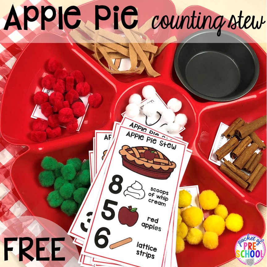 Apple pie counting stew counting game plus more apple activities and centers perfect for preschool, pre-k, and kindergarten. #appletheme #preschool #prek #appleactivities 