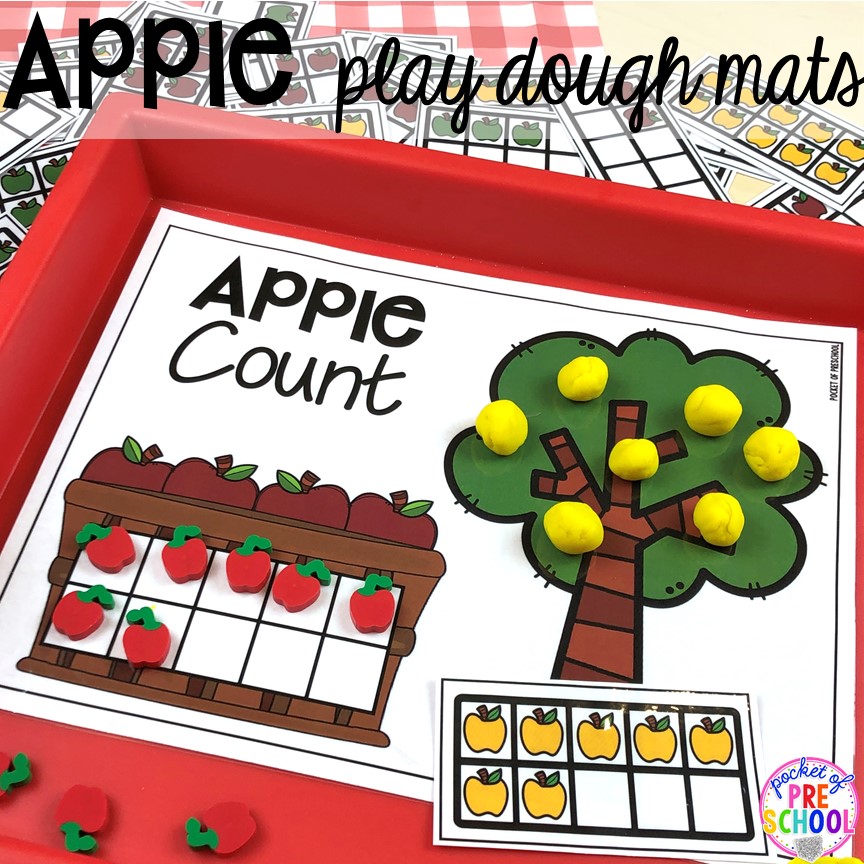 Apple play dough mats plus more apple activities and centers perfect for preschool, pre-k, and kindergarten. #appletheme #preschool #prek #appleactivities 