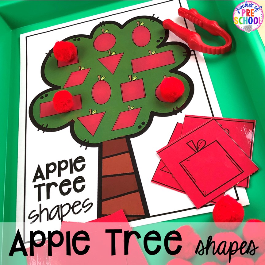 Apple tree shape game plus more apple activities and centers perfect for preschool, pre-k, and kindergarten. #appletheme #preschool #prek #appleactivities 