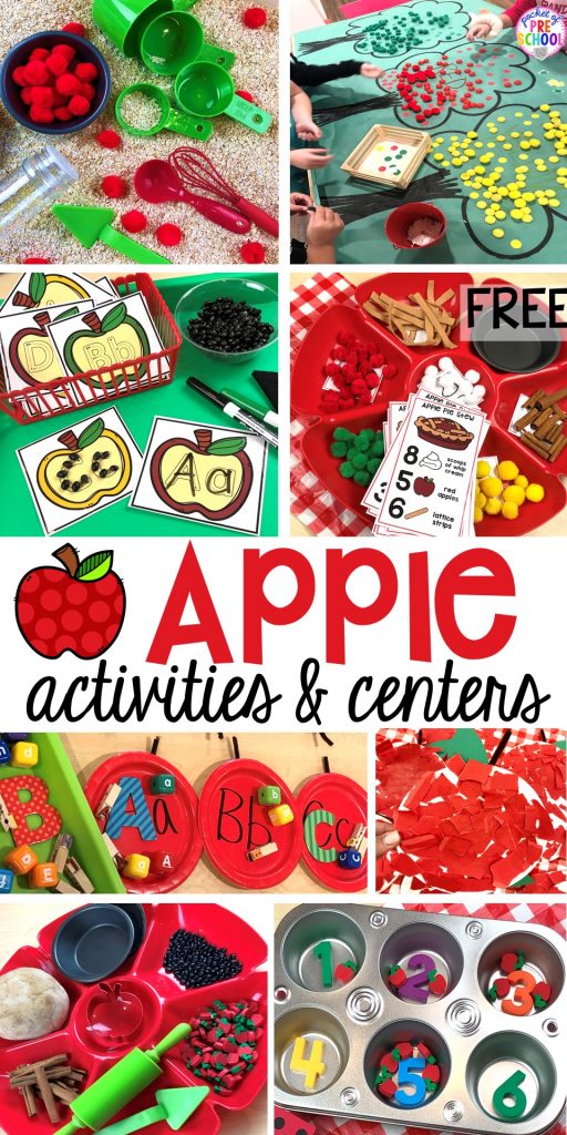 Apple activities and centers (writing, letters, math, sensory, fine motor, art, and more) perfect for preschool, pre-k, and kindergarten. #appletheme #preschool #prek #appleactivities 