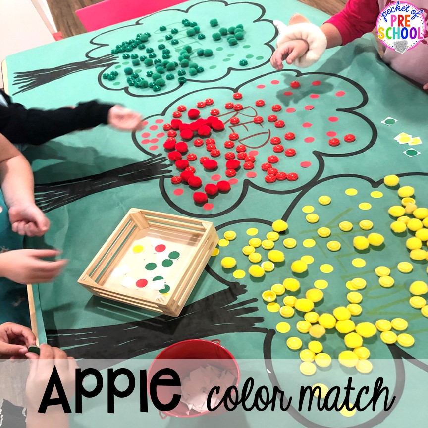 Apple tree color sort plus more apple activities and centers perfect for preschool, pre-k, and kindergarten. #appletheme #preschool #prek #appleactivities 