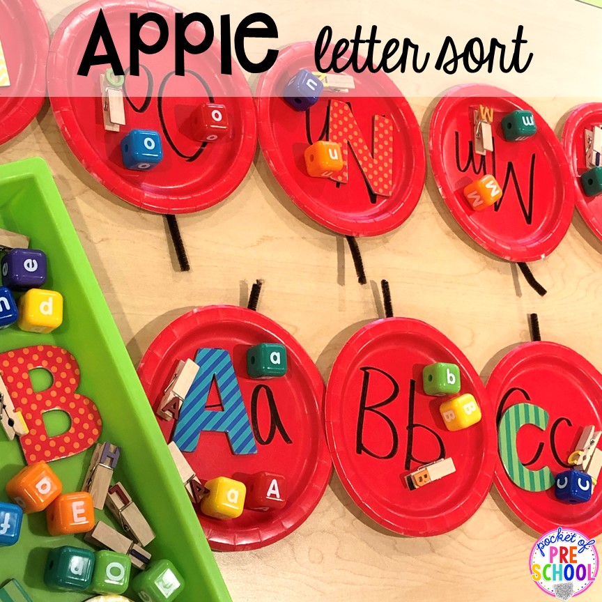 Apple letter sort plus more apple activities and centers perfect for preschool, pre-k, and kindergarten. #appletheme #preschool #prek #appleactivities 
