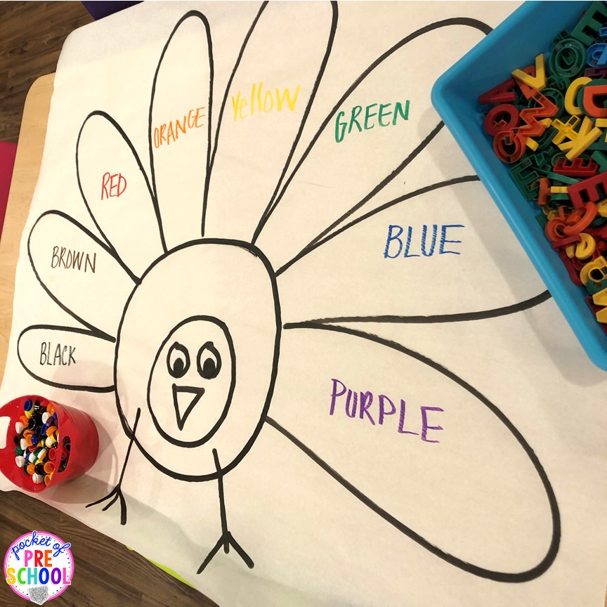 Turkey letter sort and turkey color sort using letter magnets and color counters. This activity is perfect for preschool, pre-k, and kindergarten kiddos. #turkeytheme #lettergame #letteractivity #preschool #prek