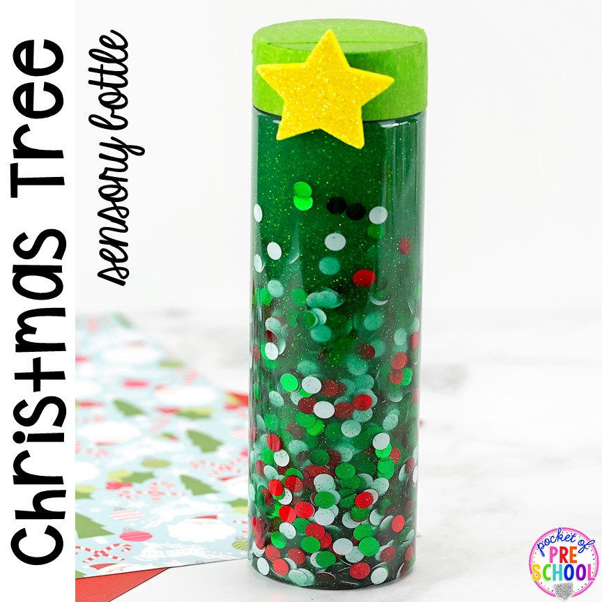 Christmas TREE sensory bottle - so much fun and so calming for preschool, pre-k, and toddlers! Put in the safe place for the holidays. #sensorybottles #sensory #christmassensory #preschool #prek