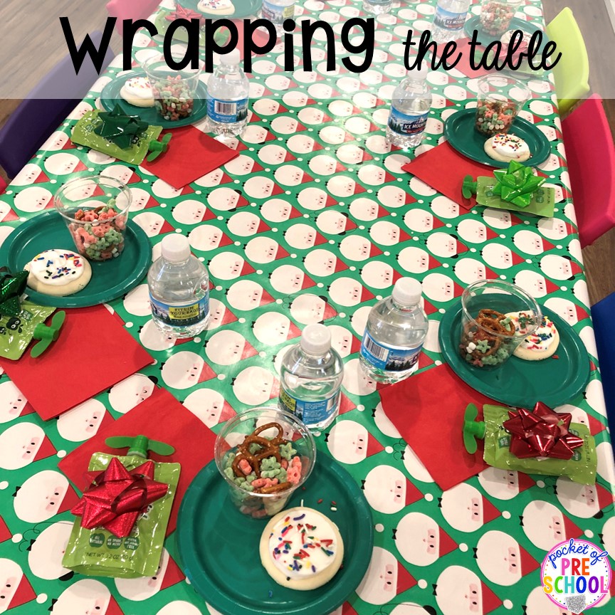 Wrap the table with wrapping paper for each clean up! Plus Christmas classroom party ideas - quick, easy, and dollar store finds! for preschool, pre-k, or lower elementary. #christmasparty #preschool #prek #kindergarten #schoolparty