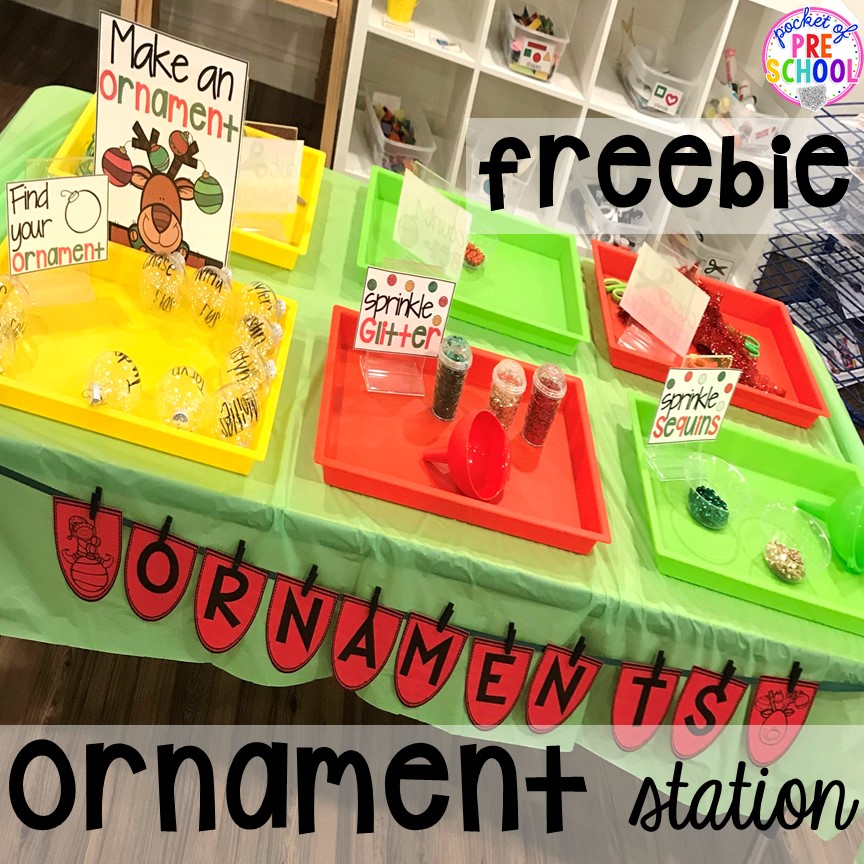 Ornament station FREEBIE for classroom parties for preschool, pre-k, or lower elementary. #christmasparty #preschool #prek #kindergarten #schoolparty