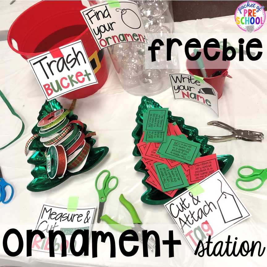 Ornament station freebie and ornament printable! Plus more Christmas classroom party ideas - quick, easy, and dollar store finds! for preschool, pre-k, or lower elementary. #christmasparty #preschool #prek #kindergarten #schoolparty