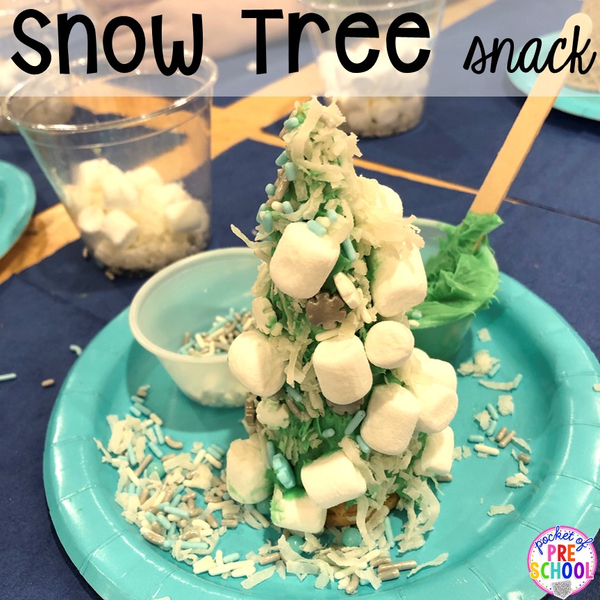 Snow tree snack! Plus more Winter classroom party ideas - easy, low prep, and fun for preschool, pre-k, or lower elementary. #winterparty #preschool #prek #kindergarten #schoolparty