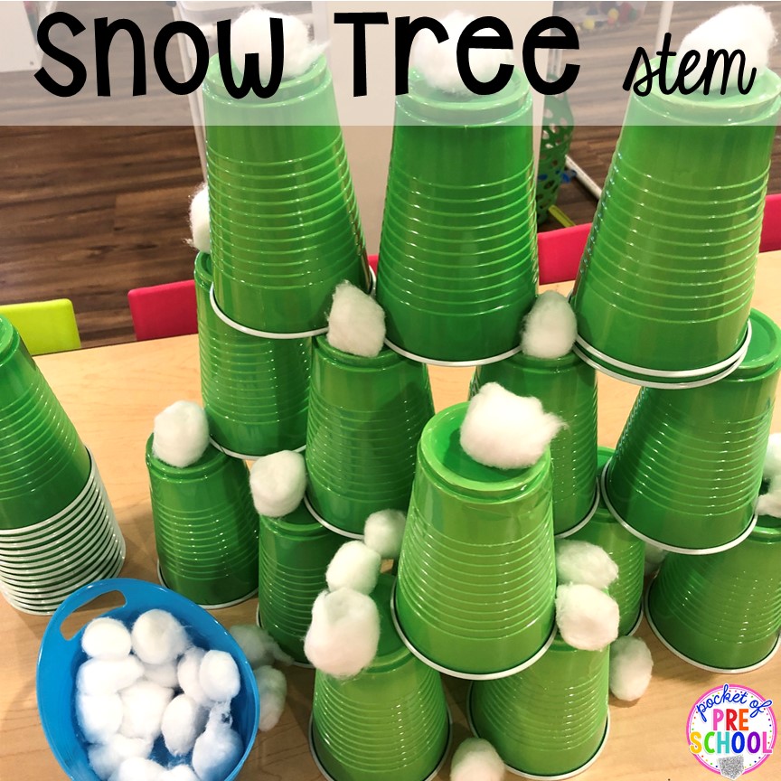 Snow Tree STEM challenge for a winter classroom party! Plus more Winter classroom party ideas - easy, low prep, and fun for preschool, pre-k, or lower elementary. #winterparty #preschool #prek #kindergarten #schoolparty