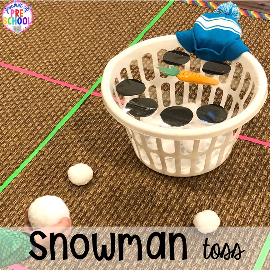 Snowman toss - a fun gross motor game for a winter classroom party! Plus more Winter classroom party ideas - easy, low prep, and fun for preschool, pre-k, or lower elementary. #winterparty #preschool #prek #kindergarten #schoolparty
