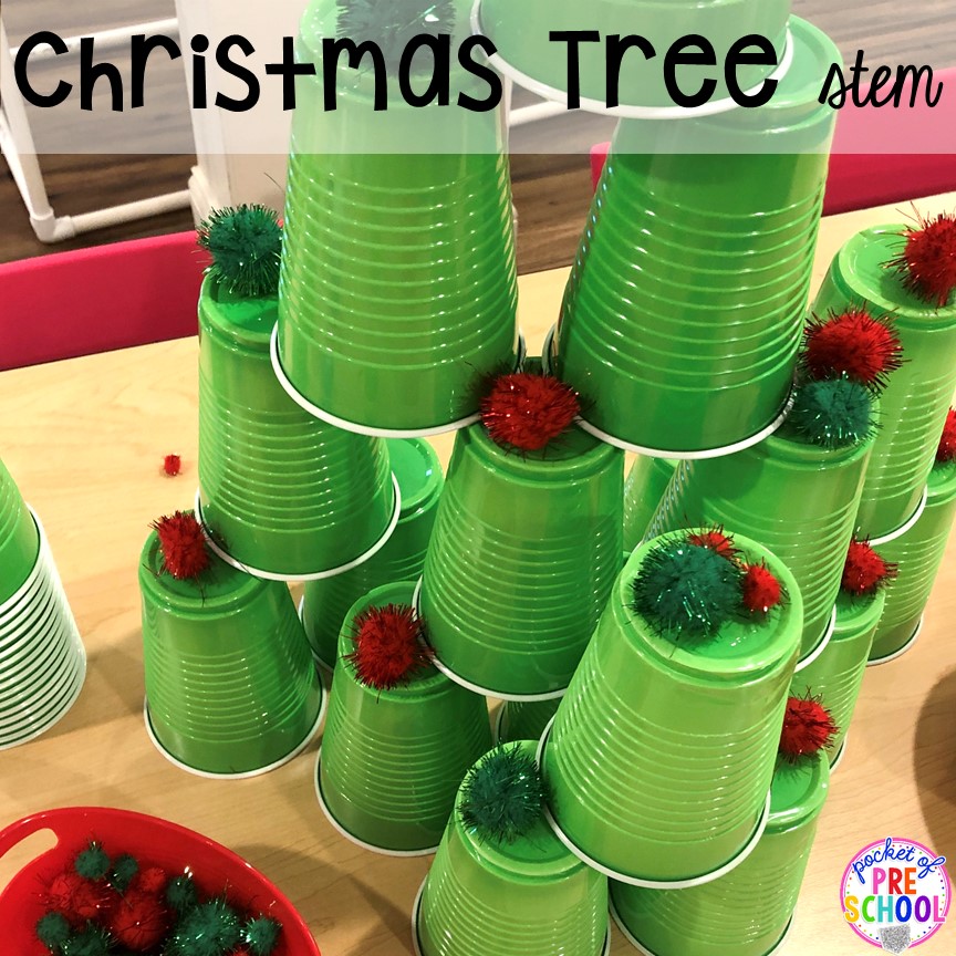 Christmas tree STEM with green cups and pom poms for a classroom party! for preschool, pre-k, or lower elementary. #christmasparty #preschool #prek #kindergarten #schoolparty