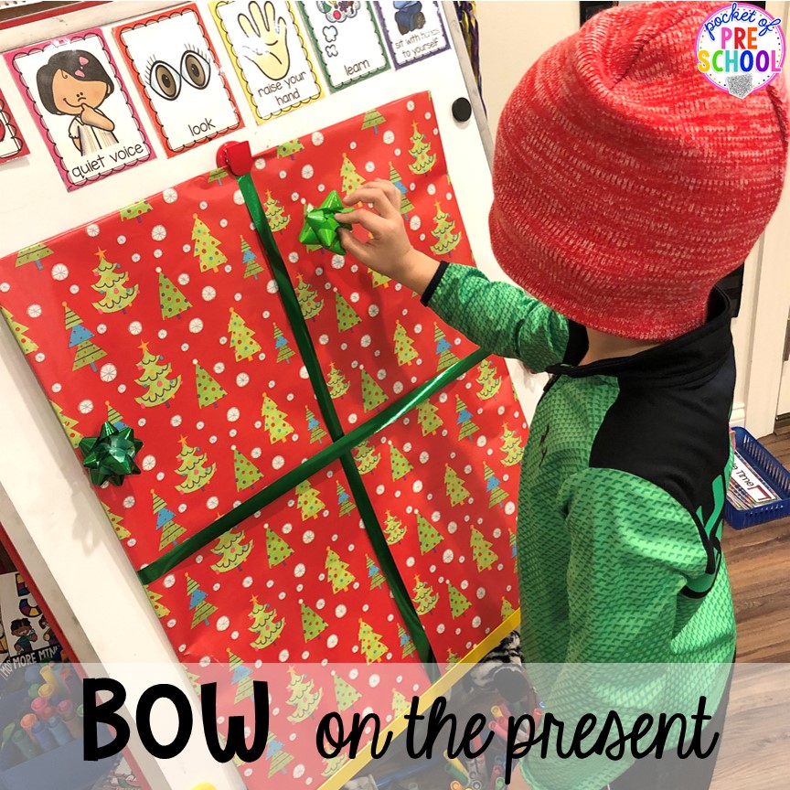 Pin the bow on the present for a classroom Christmas party! Plus more Christmas classroom party ideas - quick, easy, and dollar store finds! for preschool, pre-k, or lower elementary. #christmasparty #preschool #prek #kindergarten #schoolparty